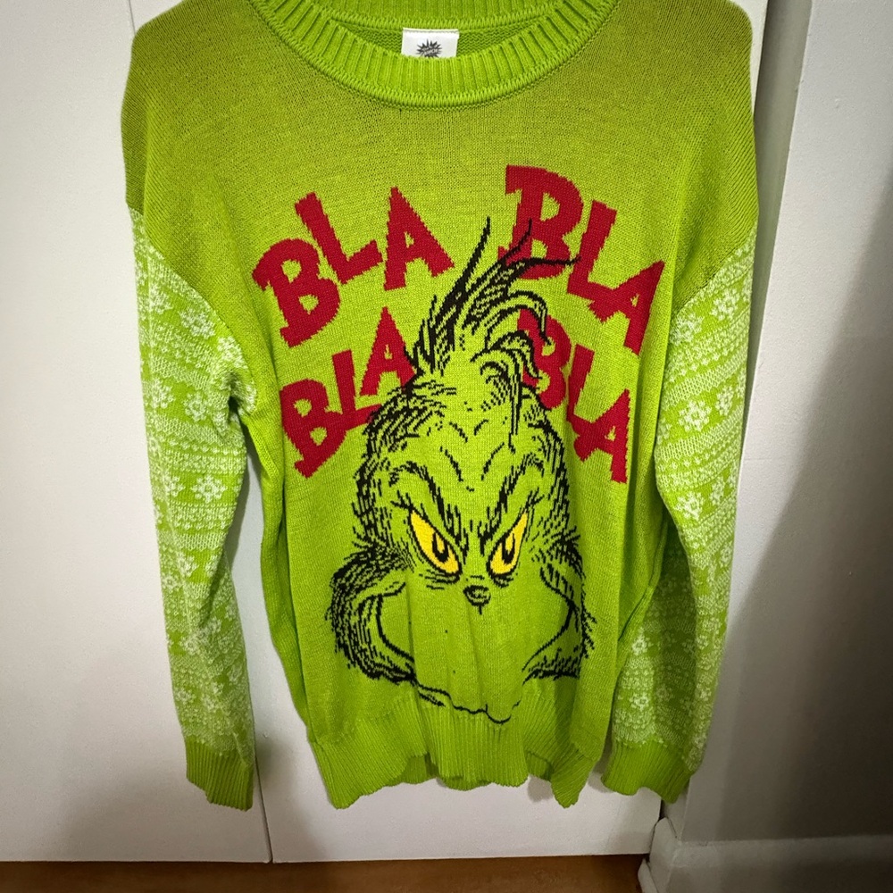 Green Grinch Sweater with Red Text